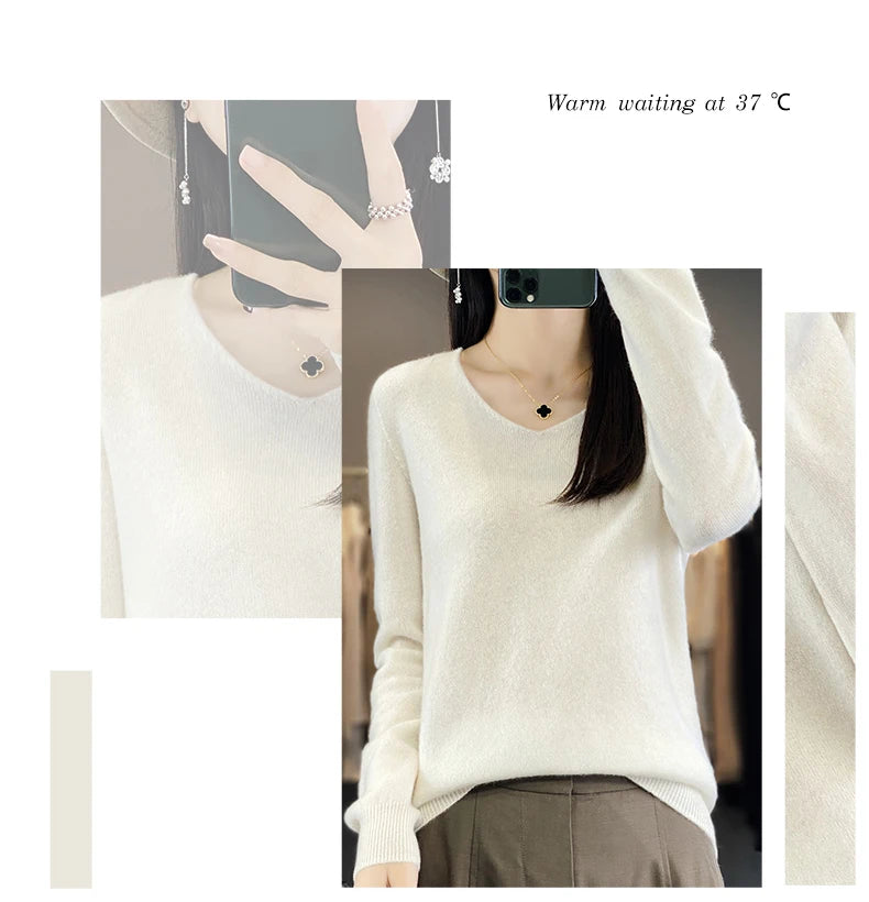 Women 100% Merino Wool Sweater V-Neck Basic Pullover Autumn Winter Cashmere Clothing Long Sleeve Soft Knitwear Tops Solid Color.