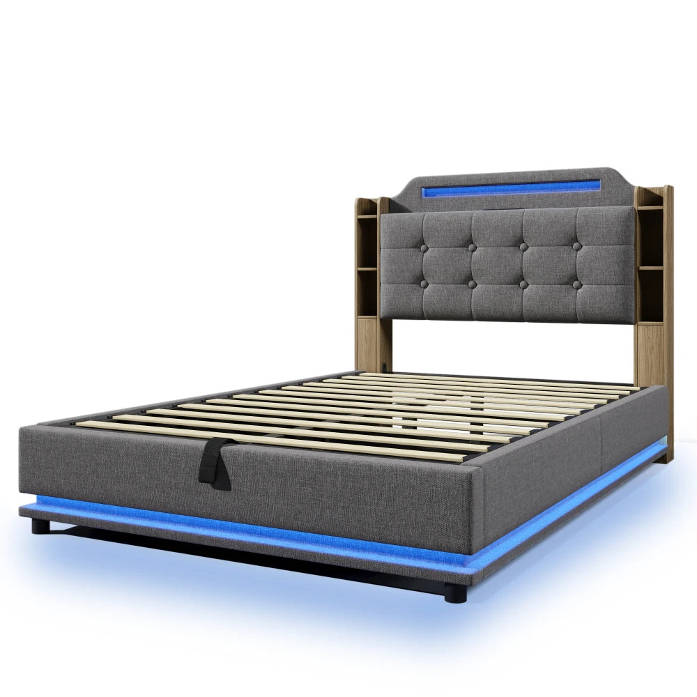 140*200cm Polsterbett mit LED-Lichtleiste und mehreren Ablagefächern, für Schlafzimmerwäsche, Beige (ohne Matratze)