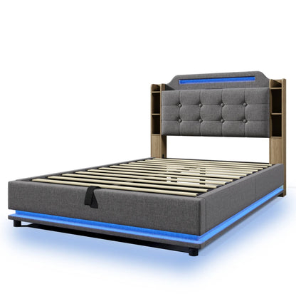 140*200cm Polsterbett mit LED-Lichtleiste und mehreren Ablagefächern, für Schlafzimmerwäsche, Beige (ohne Matratze)