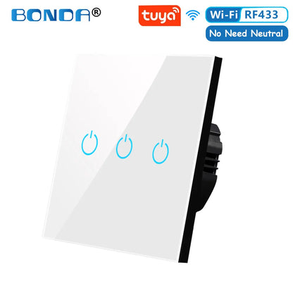 BONDA Smart Switch Alexa RF433 Keine neutrale Tuya-Steuerung funktioniert mit Google 1/2/3 Gang Smart Life Home Light WiFi Touch Switches 86