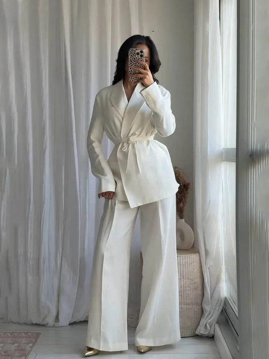 HH Women's Suits White Turn-Down Collar Long Sleeves Lace-Up Blazers+High Waist Zipper Long Pants Female Spring Fashion Sets.