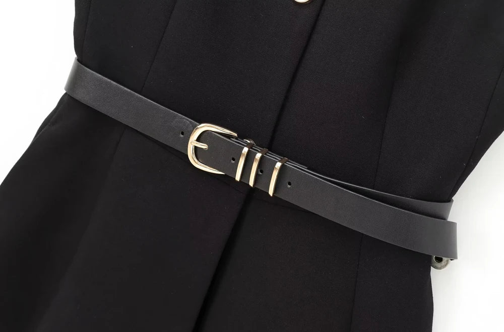 TRZA-Lange Damenweste mit Gürtel, Goldknopf vorne, O-Ausschnitt, ärmellose Weste, weibliche Oberbekleidung, schicke Oberteile, Mode.