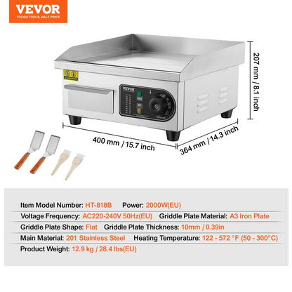 VEVOR Kommerzieller elektrischer Grill, 4400 W, flache Grillplatte für die Arbeitsplatte, einstellbare Temperatur von 122 °F bis 572 °F, 28,74 x 15,75 x 0,39 Zoll, Grillplatte aus Edelstahl mit 2 Schaufeln und 2 Bürste