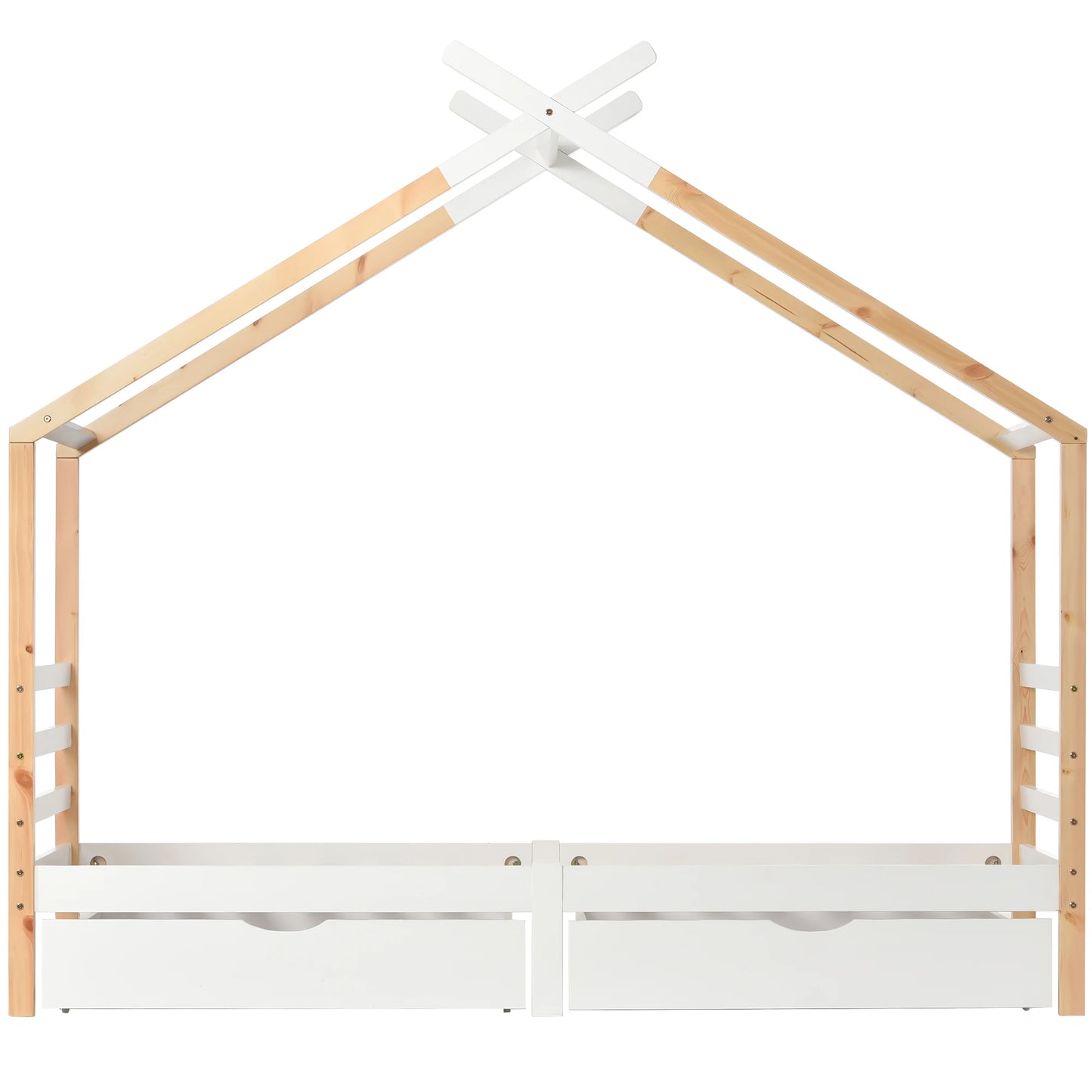 KOMHTOM Kinderbett Hausbett 90x200 cm, Massivholz Kiefernholz mit Schubladen und Lattenrost