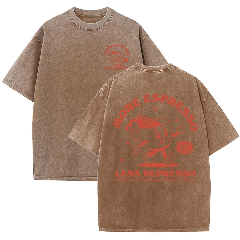 More Espresso Less Depresso Letter Cup Drink Print Washed Womens Tee Shirt Cotton T-Shirts New Breathable Clothes All-Match  Top.