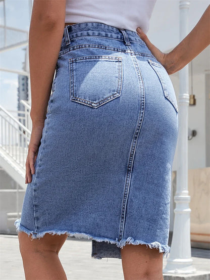 Women's Front Slit Blue Denim Skirt Pockets High Waist Slim Zipper Fly Midi Skirts 2023 Spring Female Casual Streetwear.