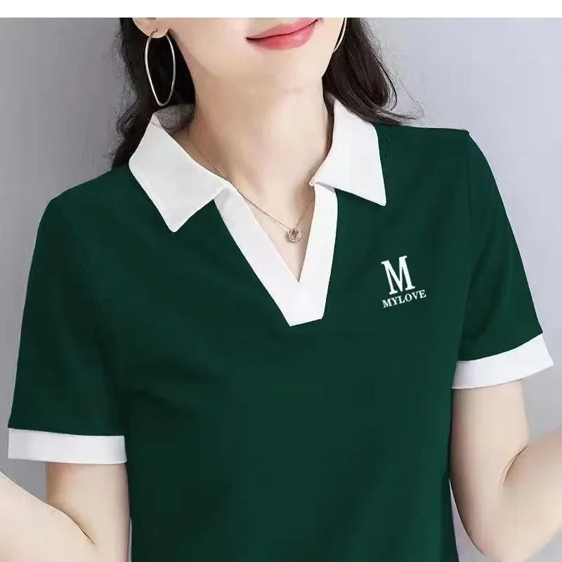 Loose Fit Women's Short Sleeve Polo Neck T-Shirt Summer Slimming Fashionable Top Quality Pure Color Cross-Border Independent.