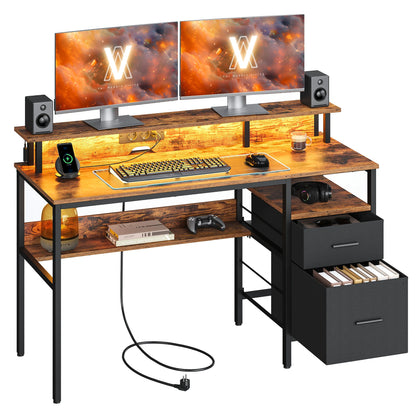 VASAGLE Schreibtisch mit Schubladen, Computertisch mit Monitorständer, LED-Beleuchtung, 55 x 135 x 90 cm, eingebaute Steckdosen