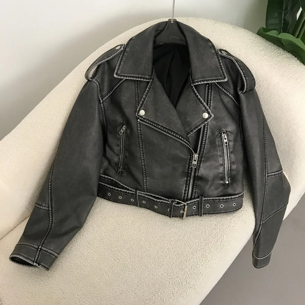 Neue Frühjahr Frau Faux Leder Jacke Chic Vintage Amerikanische straße tragen Kurze Revers Zipper Gürtel Biker Mäntel Mode Streetwear