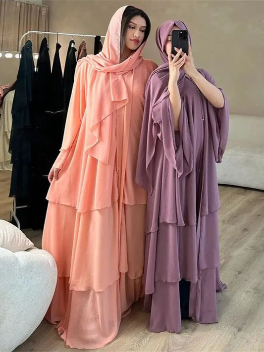 Summer Open Chiffon Khimar Kimono Abaya Dubai Luxury 2024 Muslim Sets Modest Kaftan Hijab Dresses For Women Islam Kebaya Damen.