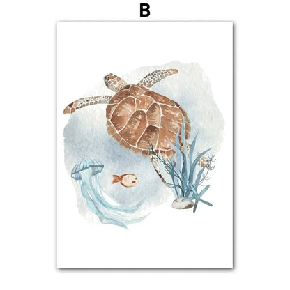 Posters And Prints Whale Fish Shark Octopus Turtle Sea Animals Nursery Wall Art Canvas Painting Pictures Baby Kids Room Decor.