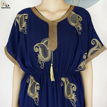 New Dubai Fashion Women Party Evening Dress 2024 Summer Short Sleeve Elasticity Embroidery Femme Robe African Islam Loose Abaya.