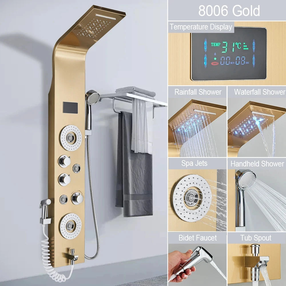Golden Shower Panel LED Light Bathroom Bath Shower Column Tower Digital Screen Waterfall Rain shower Mixers Rotate Massage Jets