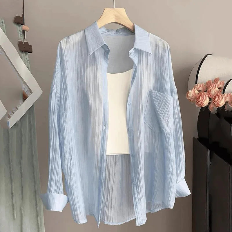 Women's Summer Sun Protection Shirts Casual Loose with Pocket Chiffon Blouses Female Korean Chic Thin Breathable Slimming Shirt.
