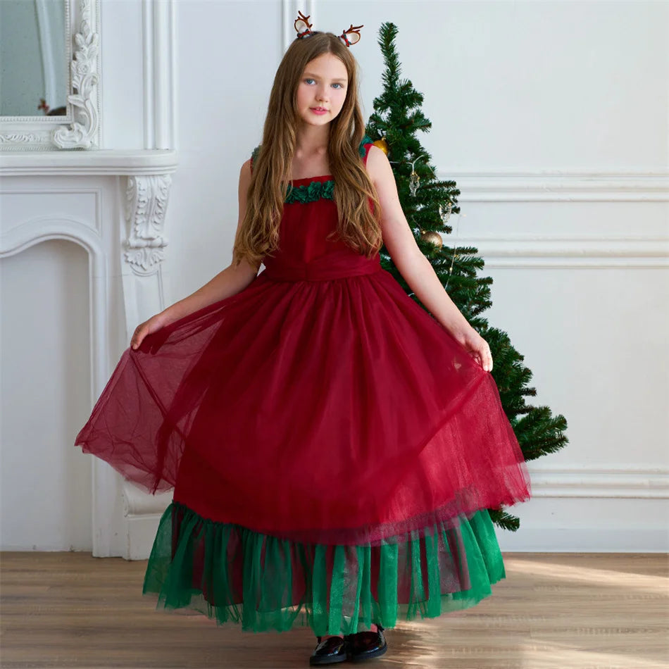 Mädchen Rot Grün Weihnachten Ballkleid Kinder Hochzeit Ball Party Abendkleid Prinzessin Vestido Kinder Karneval Leistung Kleidung.