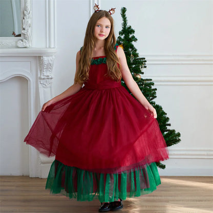 Mädchen Rot Grün Weihnachten Ballkleid Kinder Hochzeit Ball Party Abendkleid Prinzessin Vestido Kinder Karneval Leistung Kleidung.