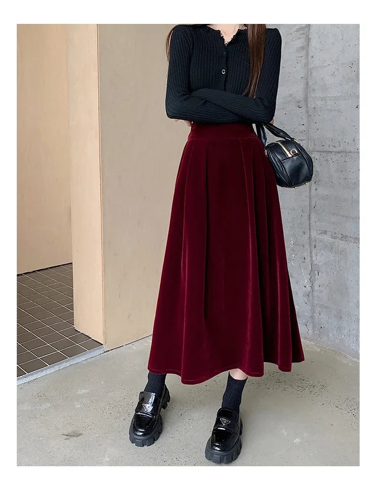 Autumn Winter Warm Vintage Red Elegant Velvet A-line Skirt For Women 2024 High Waist Casual Black Party Pleated Big Swing Skirts.