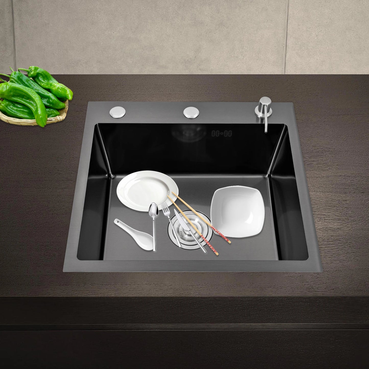 BYMAOCAR Waschbecken, mattschwarz (50 x 45 cm), Küchenspüle aus Edelstahl mit Seifenspender, integriertes Waschbecken mit Abfluss und Rohr