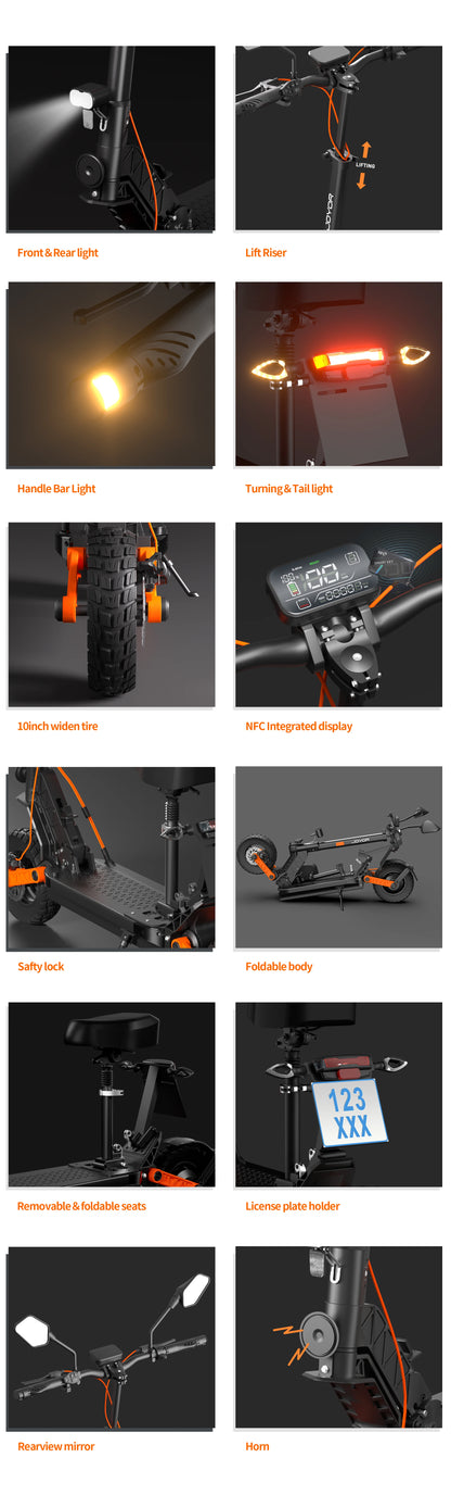 JOYOR S8E Electric Scooter, 800W Motor 48V 26AH Battery Adult E-Scooter 10 Inch Tires, 45km/h Max Speed Front & Rear Disc Brake.