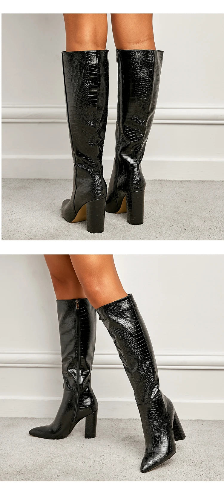 Aneikeh Pointed Thick Heels Knee Long Boots Women's 2025 Spring/Autumn Patent Leather Crocodile Pattern Panel Side Zipper Boots.