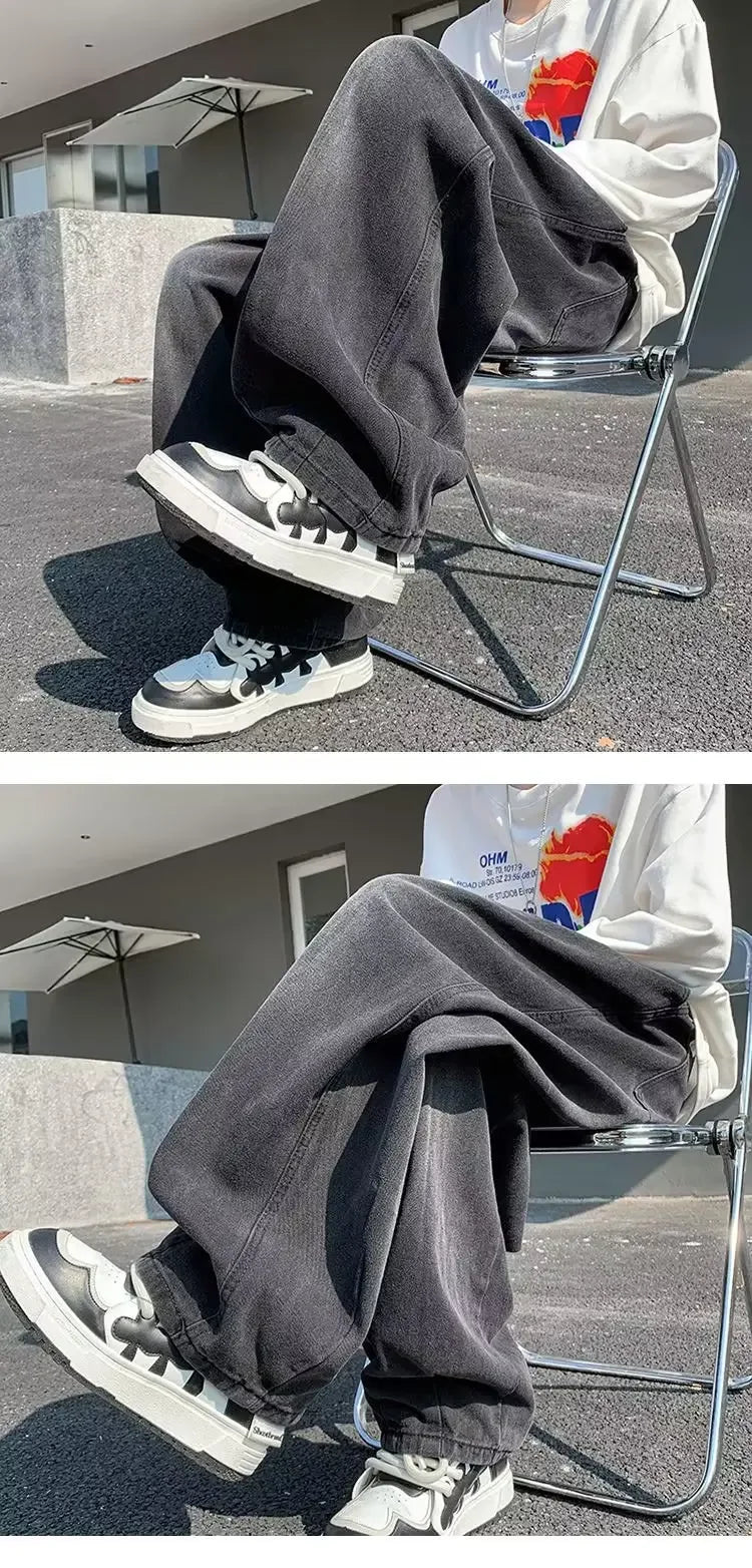 2024 New Trendy Wide-Leg Jeans Men's Loose-Fit Straight-Leg Casual Long Pants Vintage Washing Distressed Style.