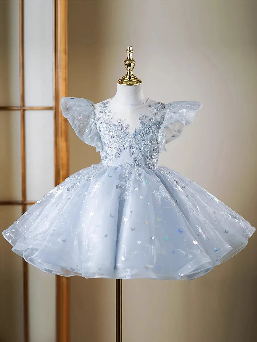 Blütenblattärmel Kleid Pailletten Mädchen Prinzessin Kleider Klavier Performance Kleider Teenager Kleidung Fliegende Ärmel Tutu Ballkleid.