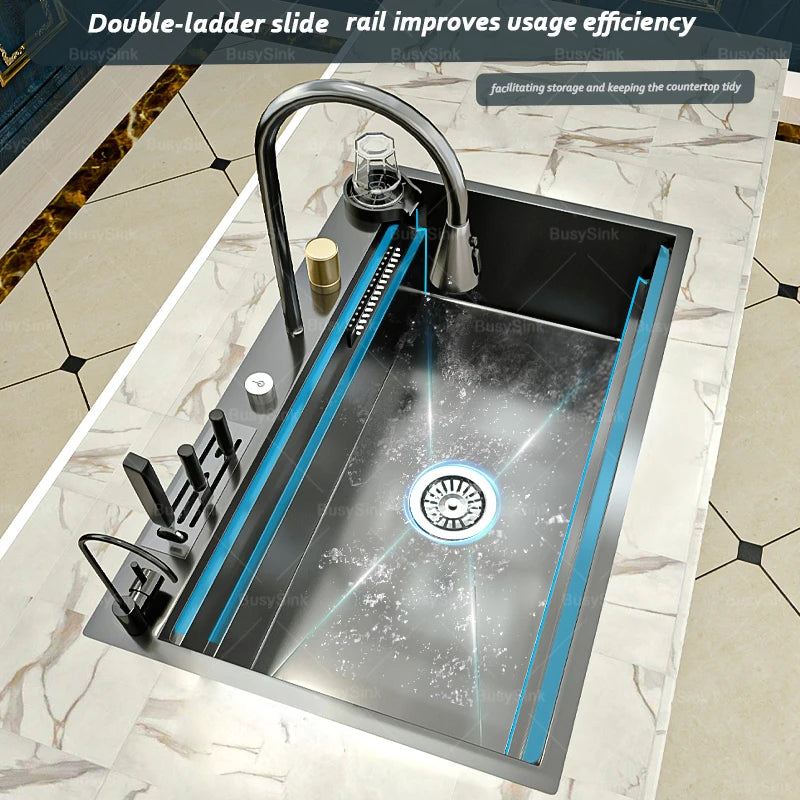 Stainless Steel Kitchen Sink Waterfall Outlet Faucet Multifunctional Large Single Slot Convenient Dishwashing and Vegetable Sink