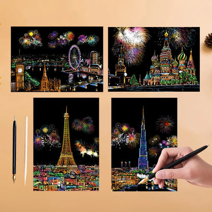 4PCS Scratch Art Paper World Landmarks Animals Painting Toy with Stylus Stress Relief Drawing Kids Adult Gift Glow in Dark Craft.