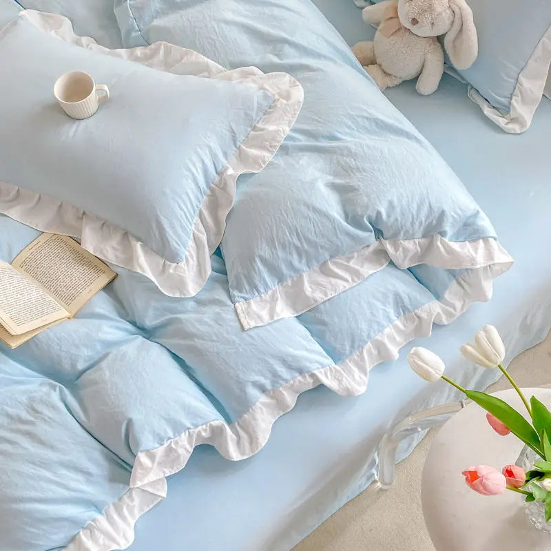 Korean Princess Style Duvet Cover Set No Filling Pink Blue Soft Washed Cotton Girls Favorite Ruffles Bed Linen Pillowcases.