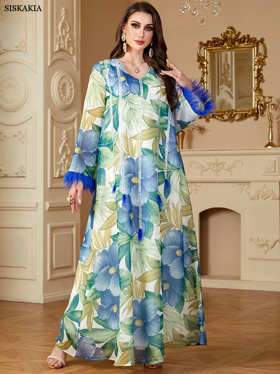 Siskakia Muslim Floral Print Dresses Women's Jalabiya Ramadan Elegant Casual Abayas Dubai Moroccan stylish Long Sleeves Kebaya.