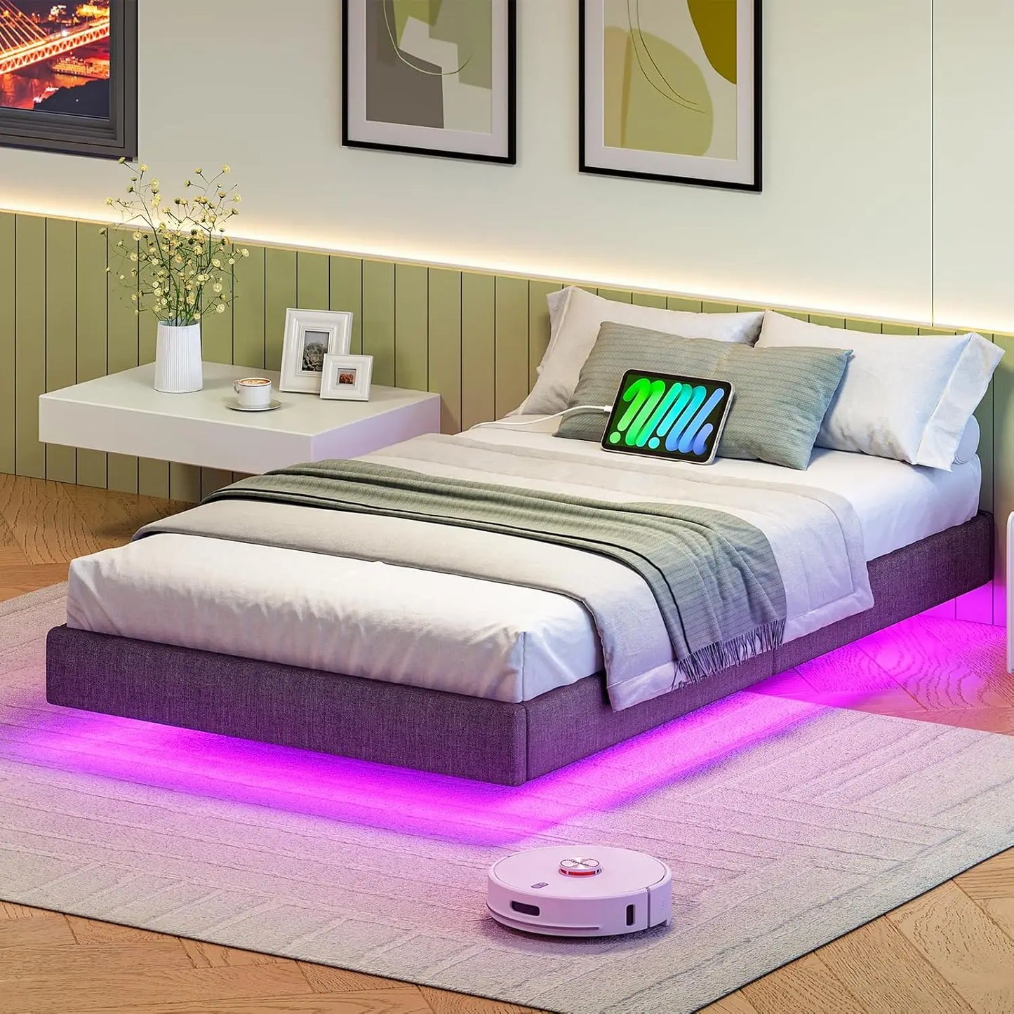 Gästebett 90 x 200 cm mit Ladestation und LED-Beleuchtung, Bettrahmen, einfache Montage zum Schlafen