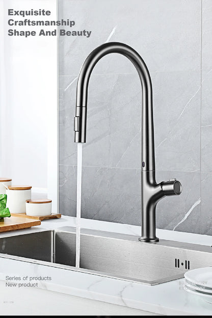 High-end gun gray brass kitchen faucet induction design single handle cold and hot dual control 2 function simple sink faucet