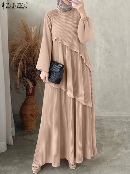 2025 ZANZEA Fashion Women Autumn Long Sleeve Maxi Sundress Muslim Abaya Dresses Duabi Robe Femme IsIamic Clothing Hijab Vestidos.