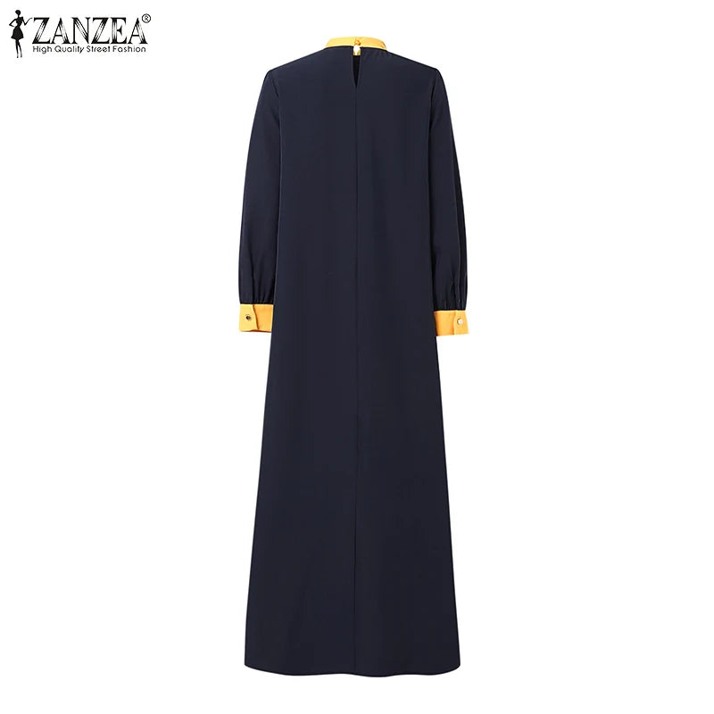 ZANZEA Women Autumn Patchwork Long Sleeve Maxi Dresses Muslim Turkey Abaya Dress Hijab Sundress Robe Femme Loose Vestidos Kaftan.