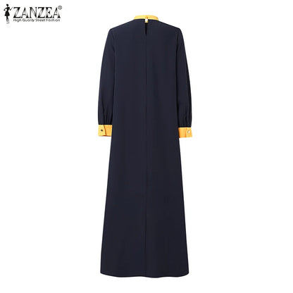 ZANZEA Women Autumn Patchwork Long Sleeve Maxi Dresses Muslim Turkey Abaya Dress Hijab Sundress Robe Femme Loose Vestidos Kaftan.