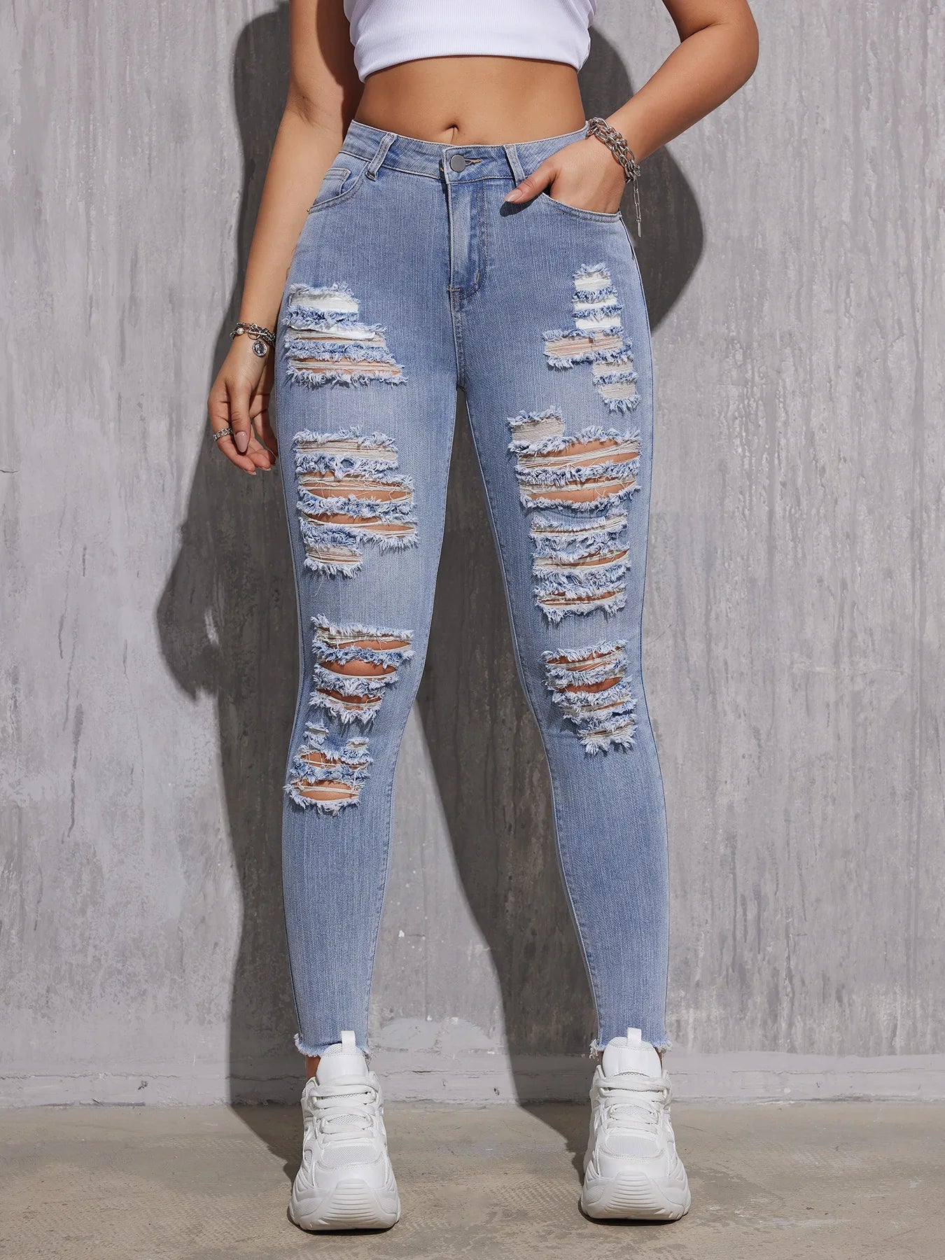 2025, Frühlings-Röhrenjeans mit hoher Taille für Damen – Stretch-zerrissene hellblaue Denim-Hose, knöchellange Slim-Fit-Freizeithose XS-XXL.