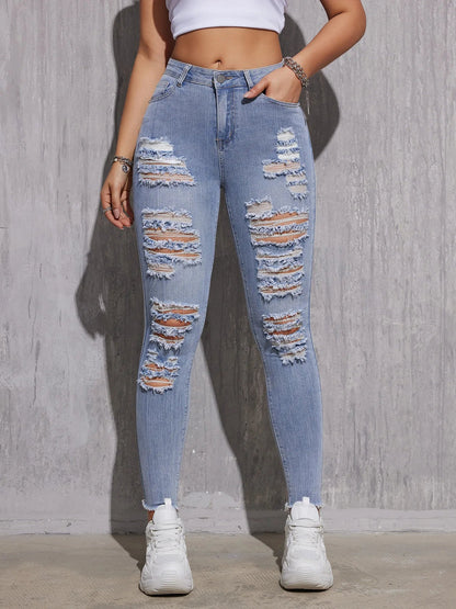 2025, Frühlings-Röhrenjeans mit hoher Taille für Damen – Stretch-zerrissene hellblaue Denim-Hose, knöchellange Slim-Fit-Freizeithose XS-XXL.