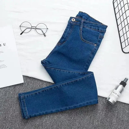 High Waist plus Size Denim Jeans Women's Fitting Pencil Pants Elastic Casual Long Trousers Light Blue Spring Autumn Wear.