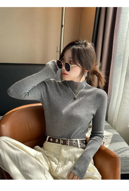Herbst Winter Pullover Pullover Bodenbildung Shirt Frauen Gestrickte Shirts Weibliche Lange Hülse Mock Neck Elastische Dünne Pullover Stricken Tops.