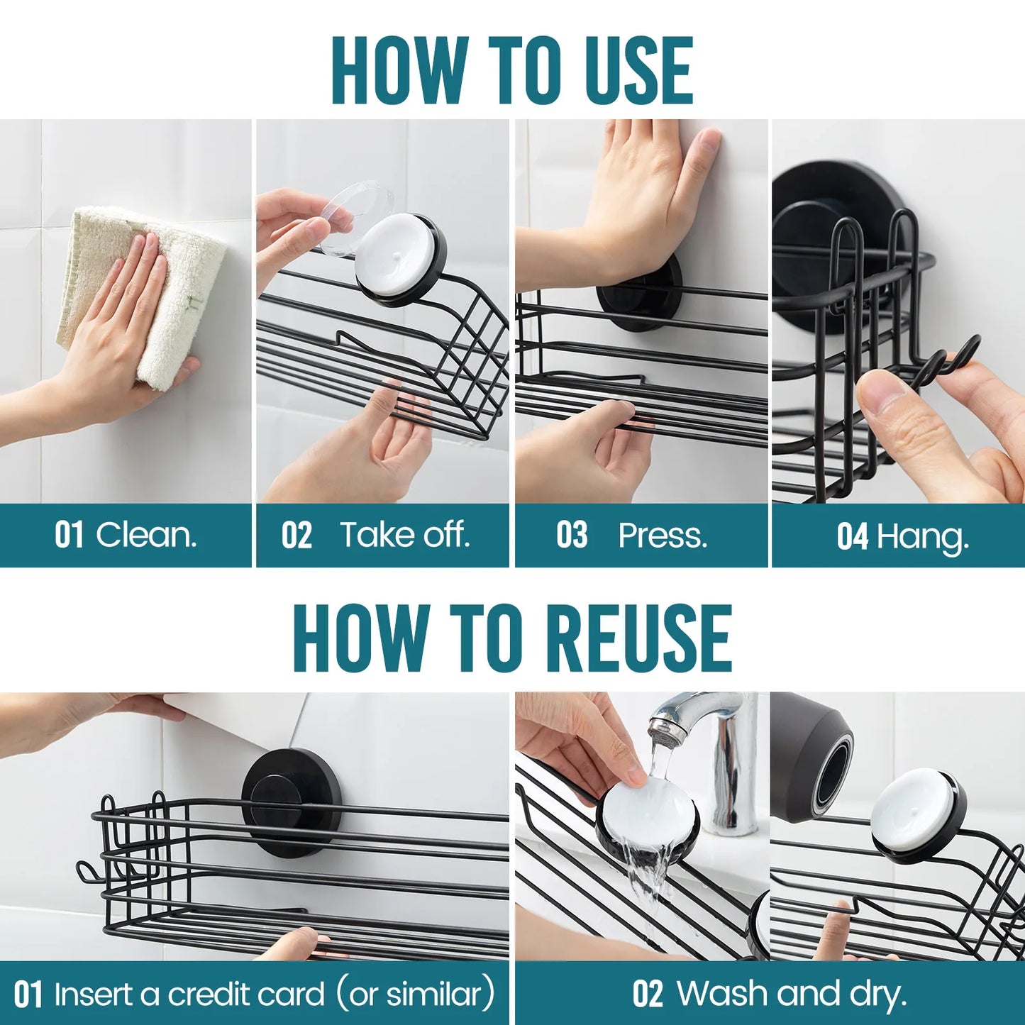 TAILI Dusch-Caddy mit Saugnapf, 2er-Pack mit Haken und Seifenhalter, robuster Badezimmer-Dusch-Organizer, ohne Bohren von Duschregalen