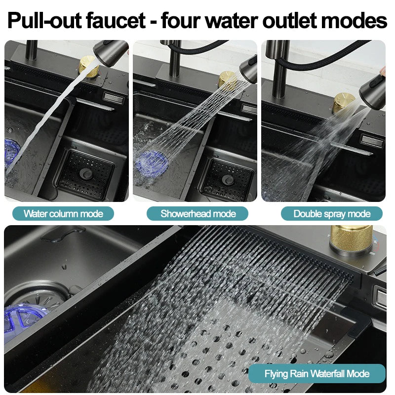 under the household sink    Black Stainless Steel Nano Undermount/Drop in Waterfall Single Bowl Kitchen Sink With Pull-Out Fauce