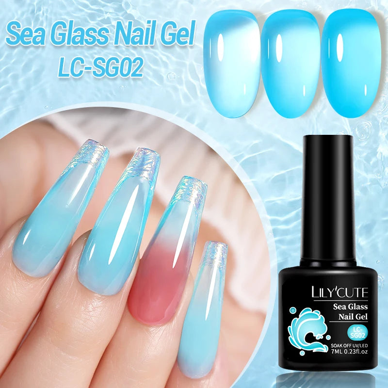 LILYCUTE 6Pcs 7ML Jelly Glass Gel Nail Polish Set Sea Blue Varnish Semi-transparent Nail Art Semi Permanent UV Gel Varnish.
