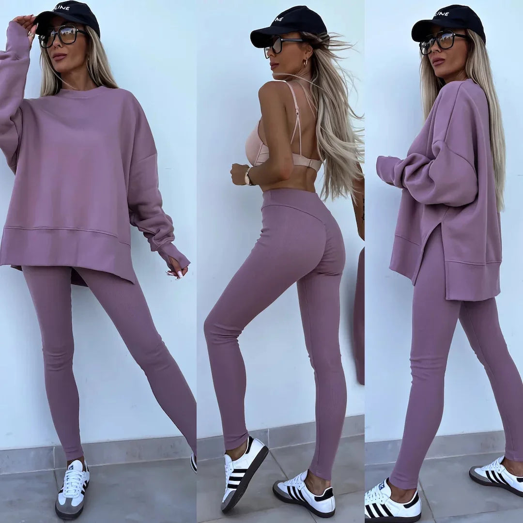 Women Pant Sets Two Pieces Tracksuit Solid Loose Sweatshirts Split Pullover Pencil Pants High Street Autumn Winter 2024.