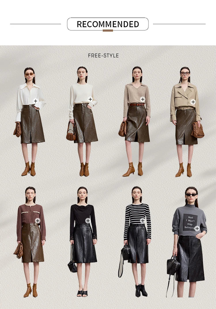 AMII Minimalist PU Leather Skirt For Women 2025 American Retro Knee-Length Skirt Solid Basics Business Women's Clothing 12553014.