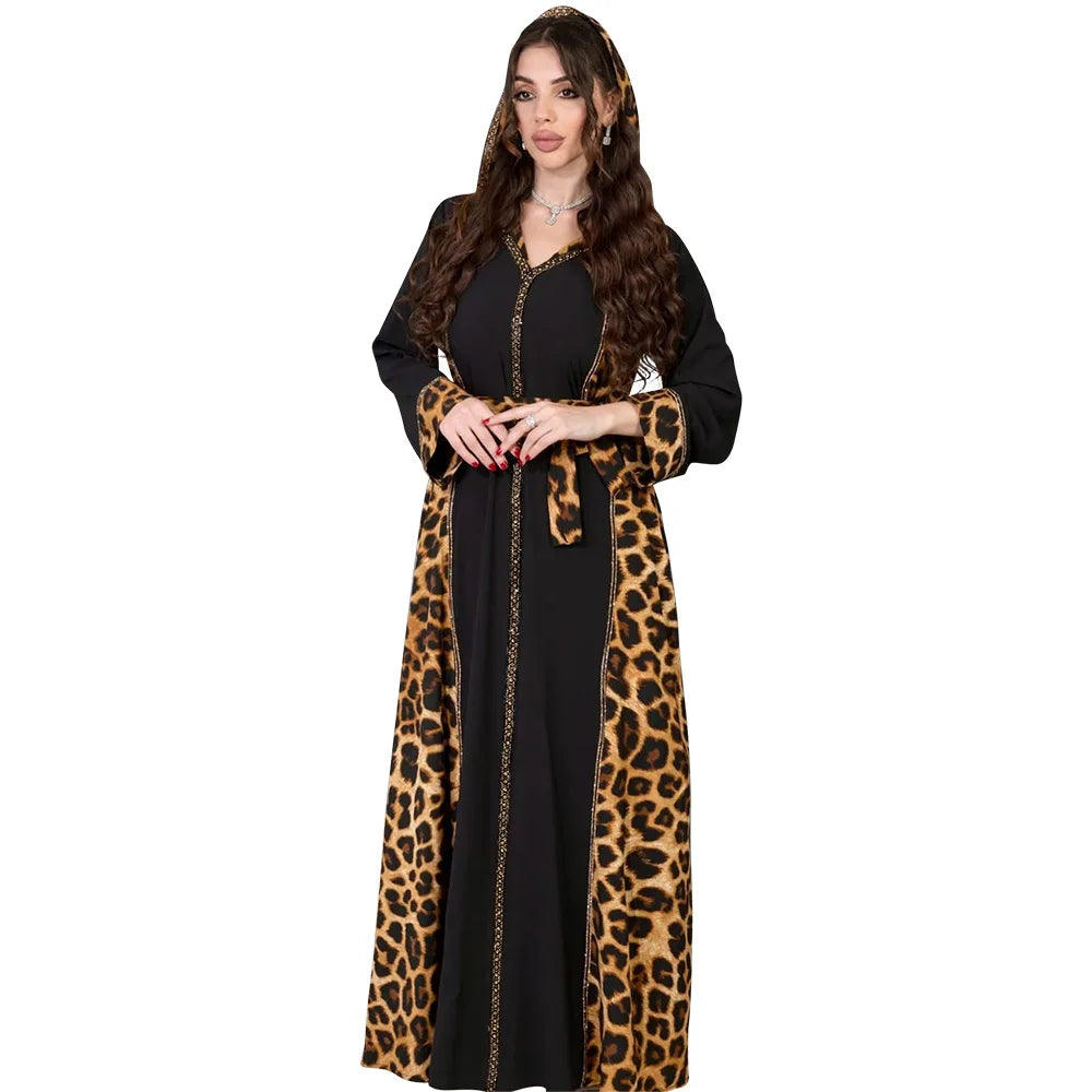 Elegantes arabisches Frauen-Partykleid, afrikanischer V-Ausschnitt, Leopardenmuster, langärmelig, Abaya, modische muslimische Dame, Urlaubskleid, islamische Kleidung.