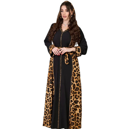 Elegantes arabisches Frauen-Partykleid, afrikanischer V-Ausschnitt, Leopardenmuster, langärmelig, Abaya, modische muslimische Dame, Urlaubskleid, islamische Kleidung.