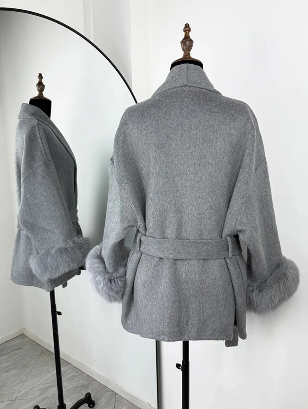 2025 Autumn Winter Chic Lapel Plush Coat With Belt Women Vintage Faux Fur Sleeve Tweed Open Coats Female Casual Street Outwear