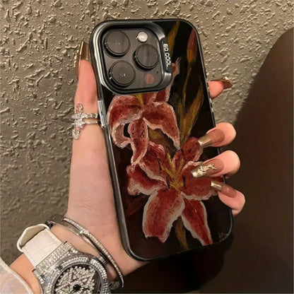 Painting Lily Flower Phone Case For iPhone 17 Air 16 15 14 13 12 11 Pro Max 7 8 Plus Black Hard Cover.
