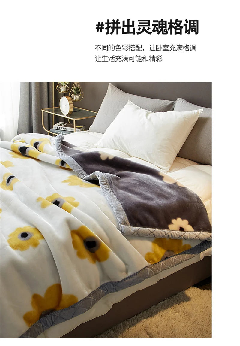 Double Sided Printed Autumn Winter Blankets for Bed Soft Warm Encrypted Flocking Raschel Blanket Skin Friendly Weighted Blanket.