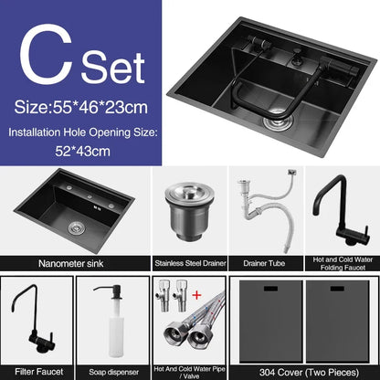 Nanometer Double Cover Hidden Kitchen Sink 304 Stainless Steel 3 Holes Handmade Single Large Size Kitchen Hidden Sinks